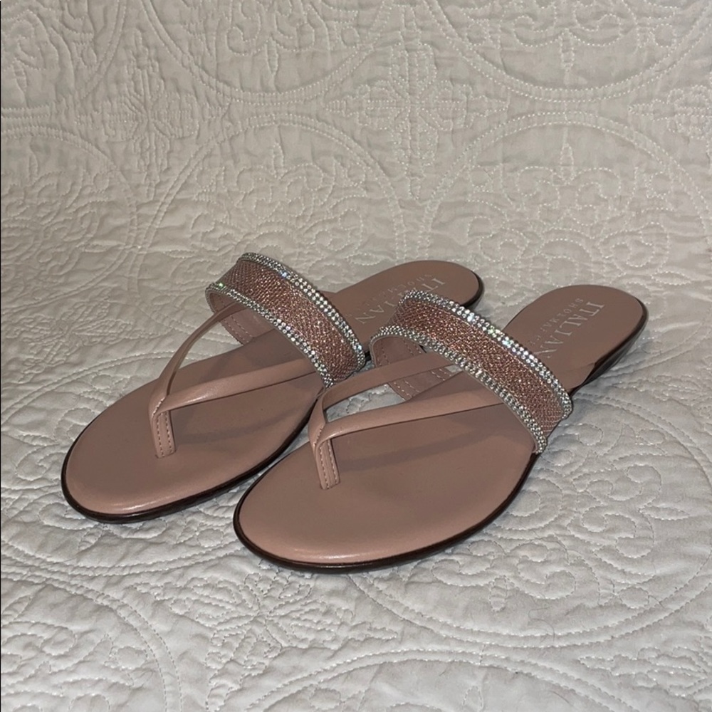 Italian shoemaker: Pink sandals/jeweled accents.